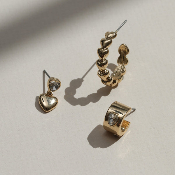 Mood Gold Polished & Crystal Heart Earrings - Pack of 3