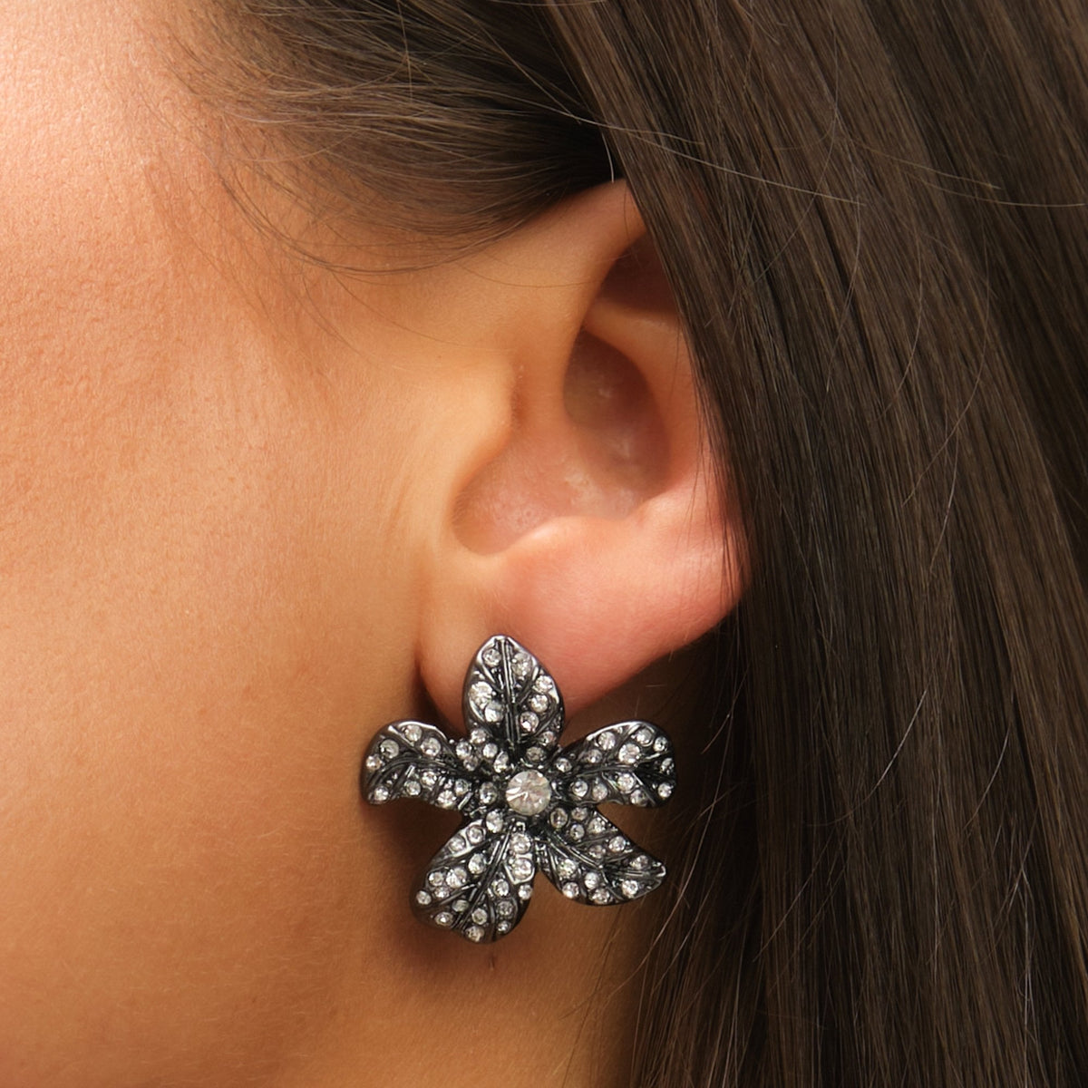 Mood Hematite Crystal Floral Statement Stud Earrings