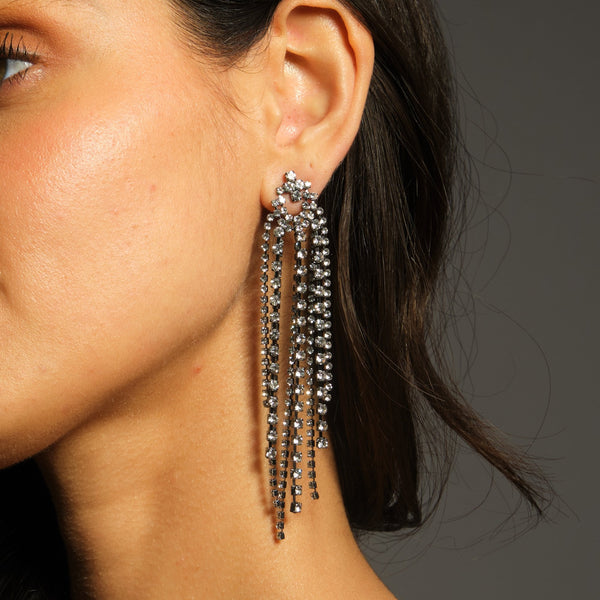Mood Hematite Crystal Multi Strand Long Statement Drop Earrings