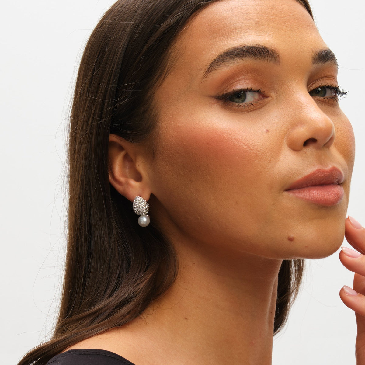 Mood Silver Crystal Dome Pearl Drop Small Earrings