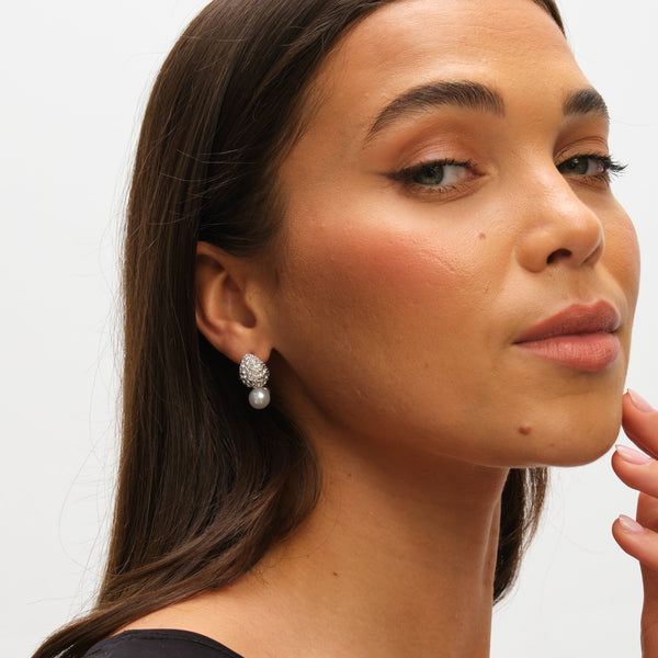 Mood Silver Crystal Dome Pearl Drop Small Earrings