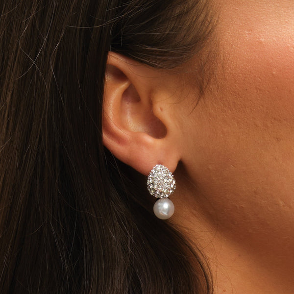 Mood Silver Crystal Dome Pearl Drop Small Earrings