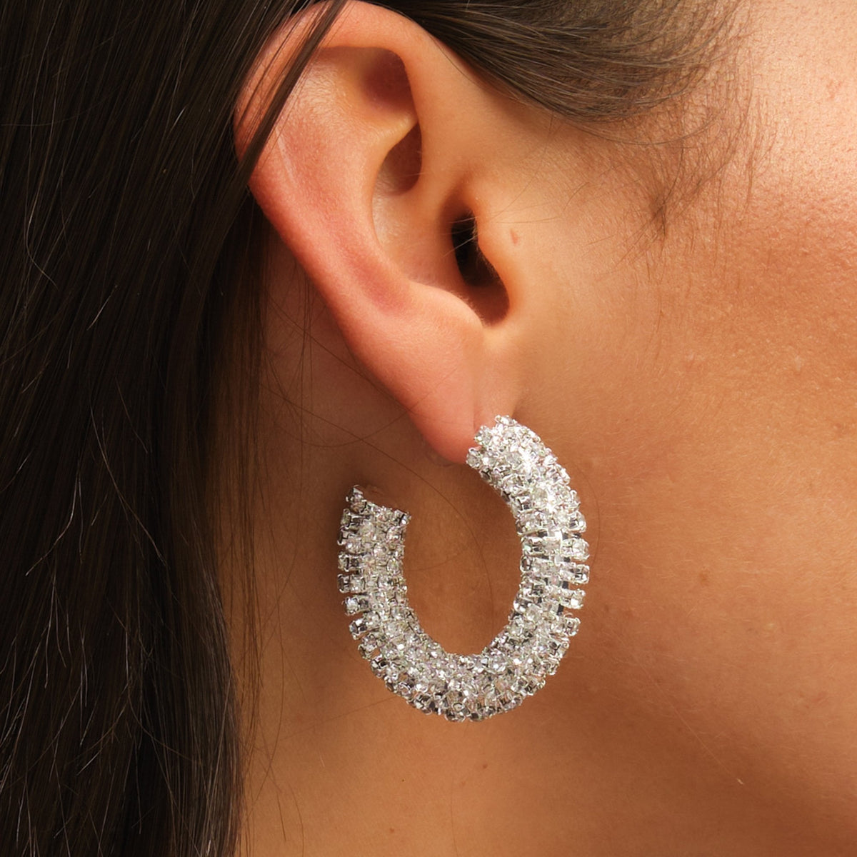 Mood Silver Crystal Chubby Hoop Earrings