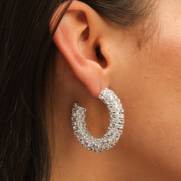 Mood Silver Crystal Chubby Hoop Earrings