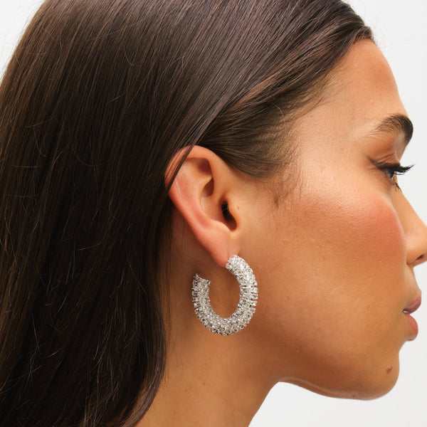 Mood Silver Crystal Chubby Hoop Earrings