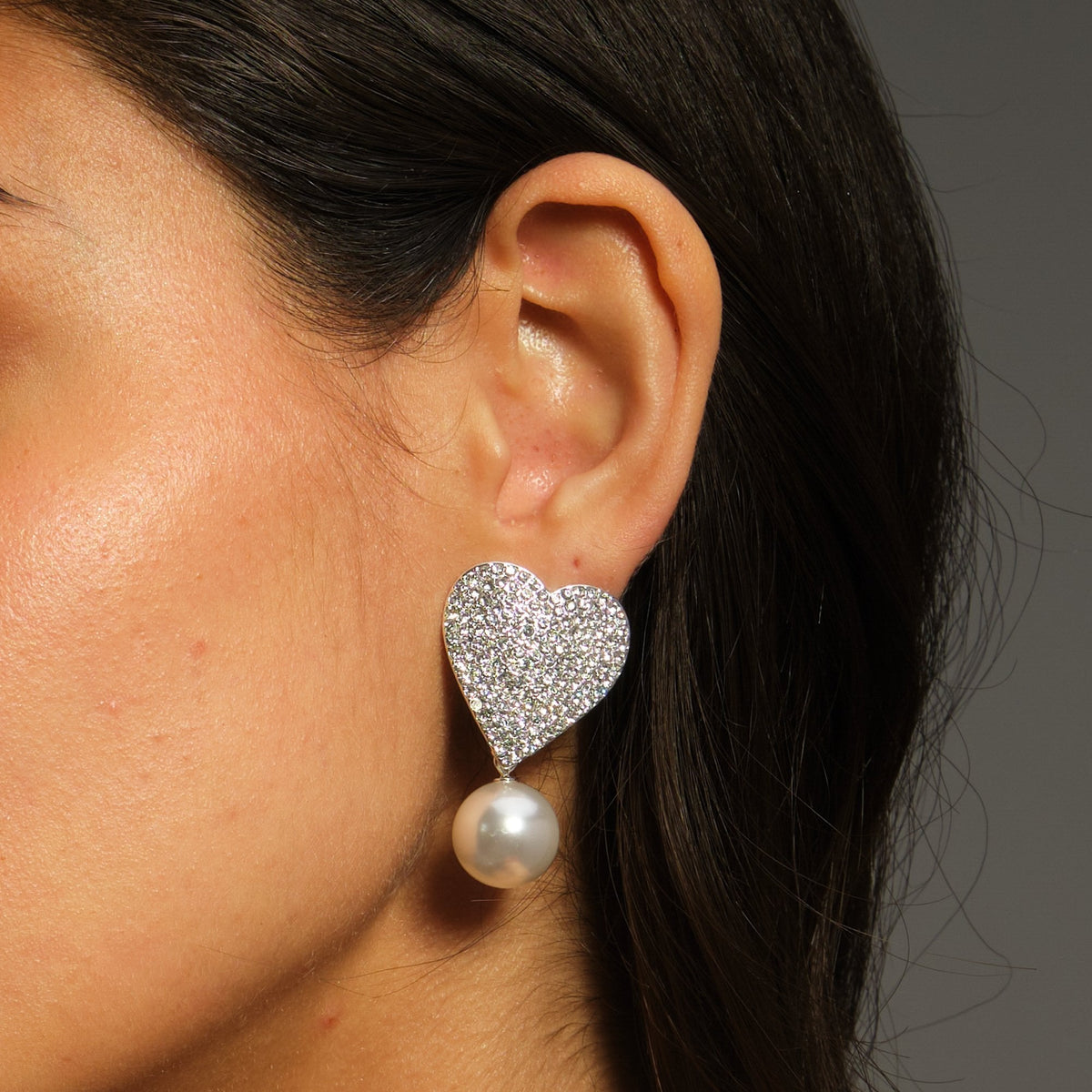 Mood Silver Crystal Heart With Pearl Drop Statement Earrings
