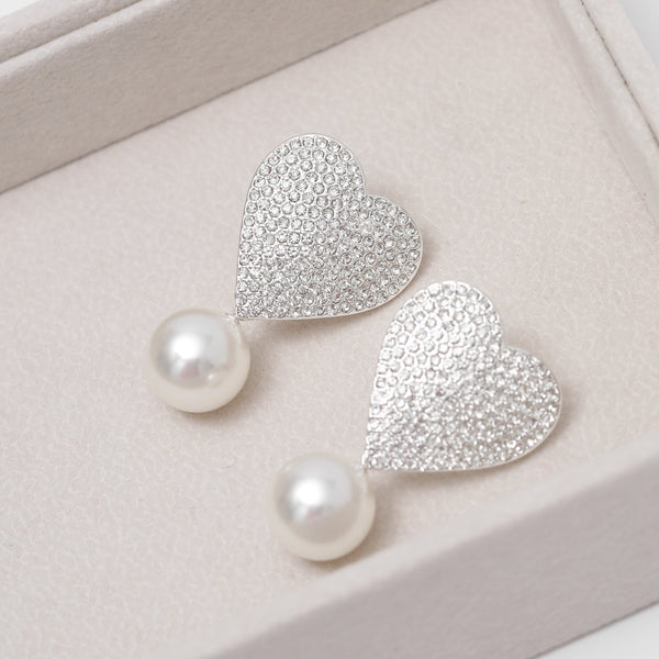 Mood Silver Crystal Heart With Pearl Drop Statement Earrings