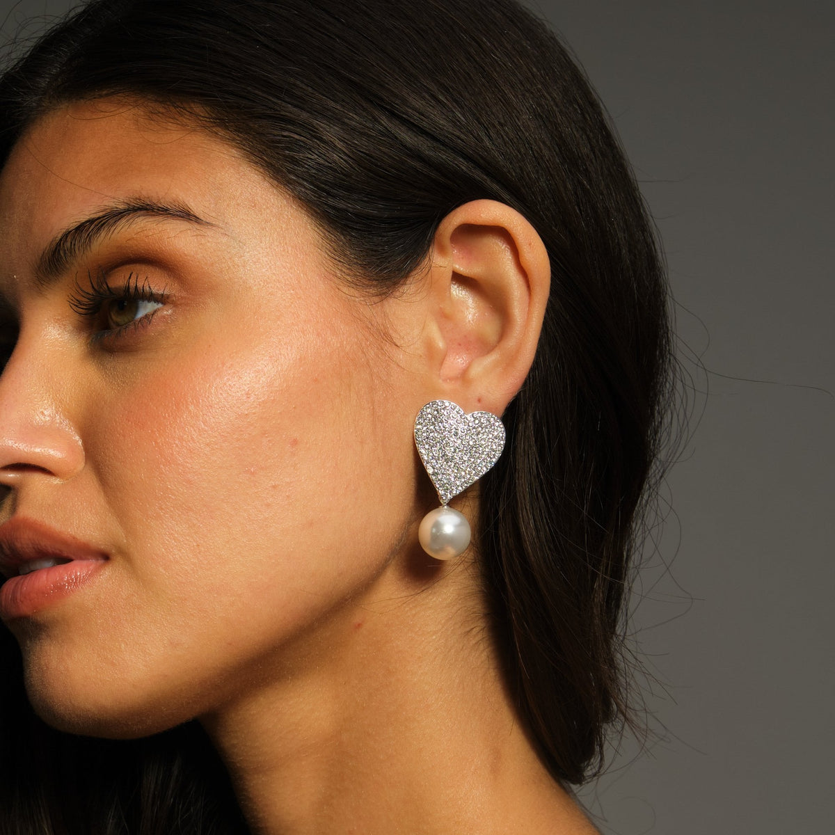 Mood Silver Crystal Heart With Pearl Drop Statement Earrings