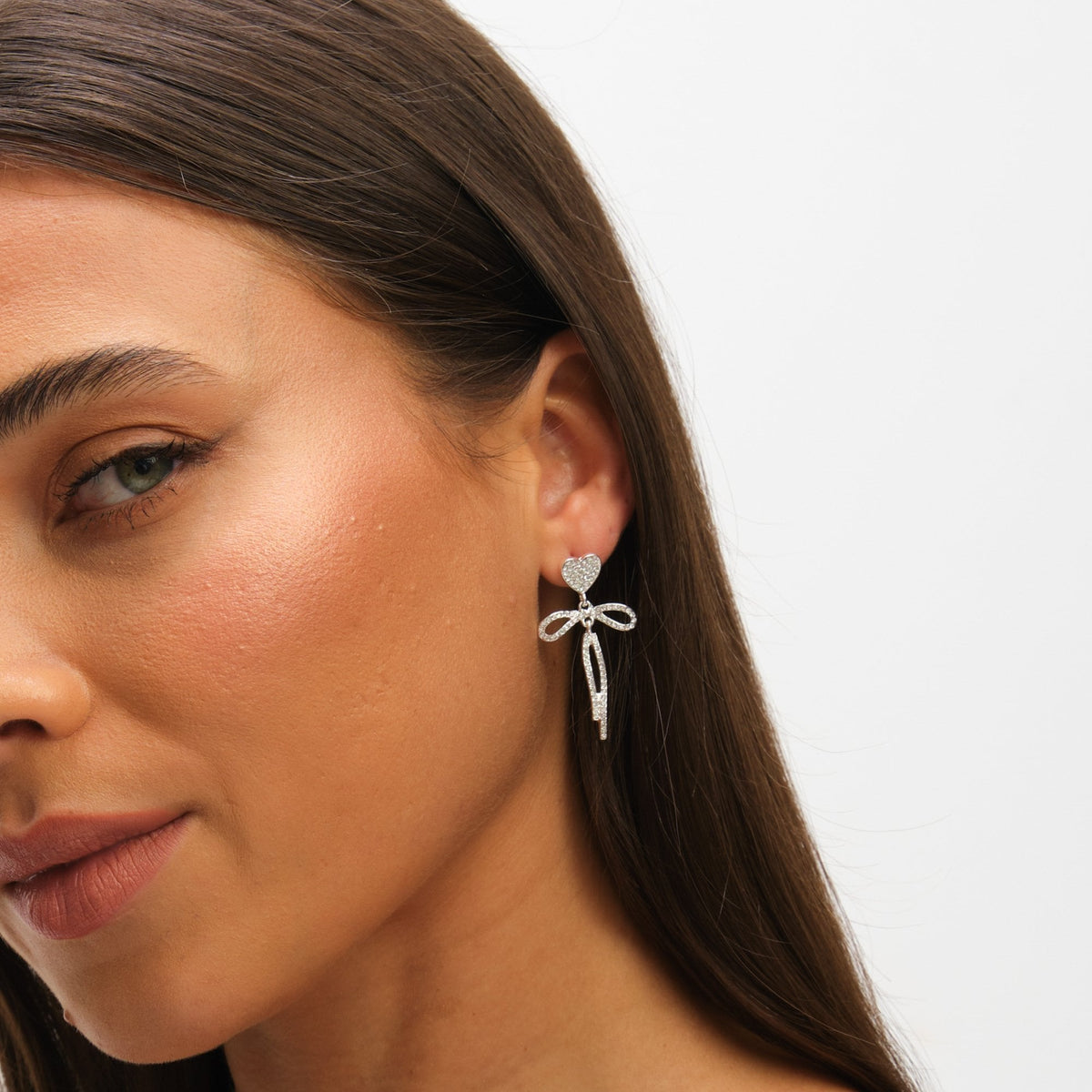Mood Silver Crystal Dainty Heart & Bow Drop Earrings
