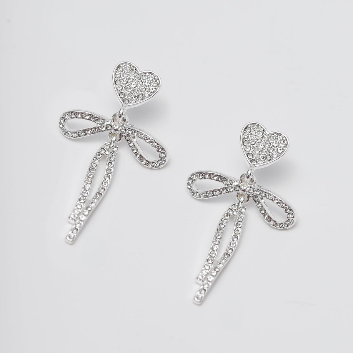 Mood Silver Crystal Dainty Heart & Bow Drop Earrings