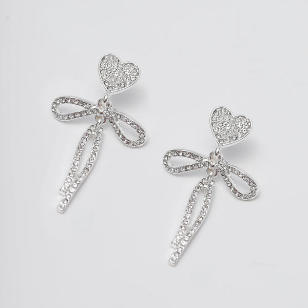 Mood Silver Crystal Dainty Heart & Bow Drop Earrings