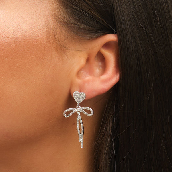 Mood Silver Crystal Dainty Heart & Bow Drop Earrings