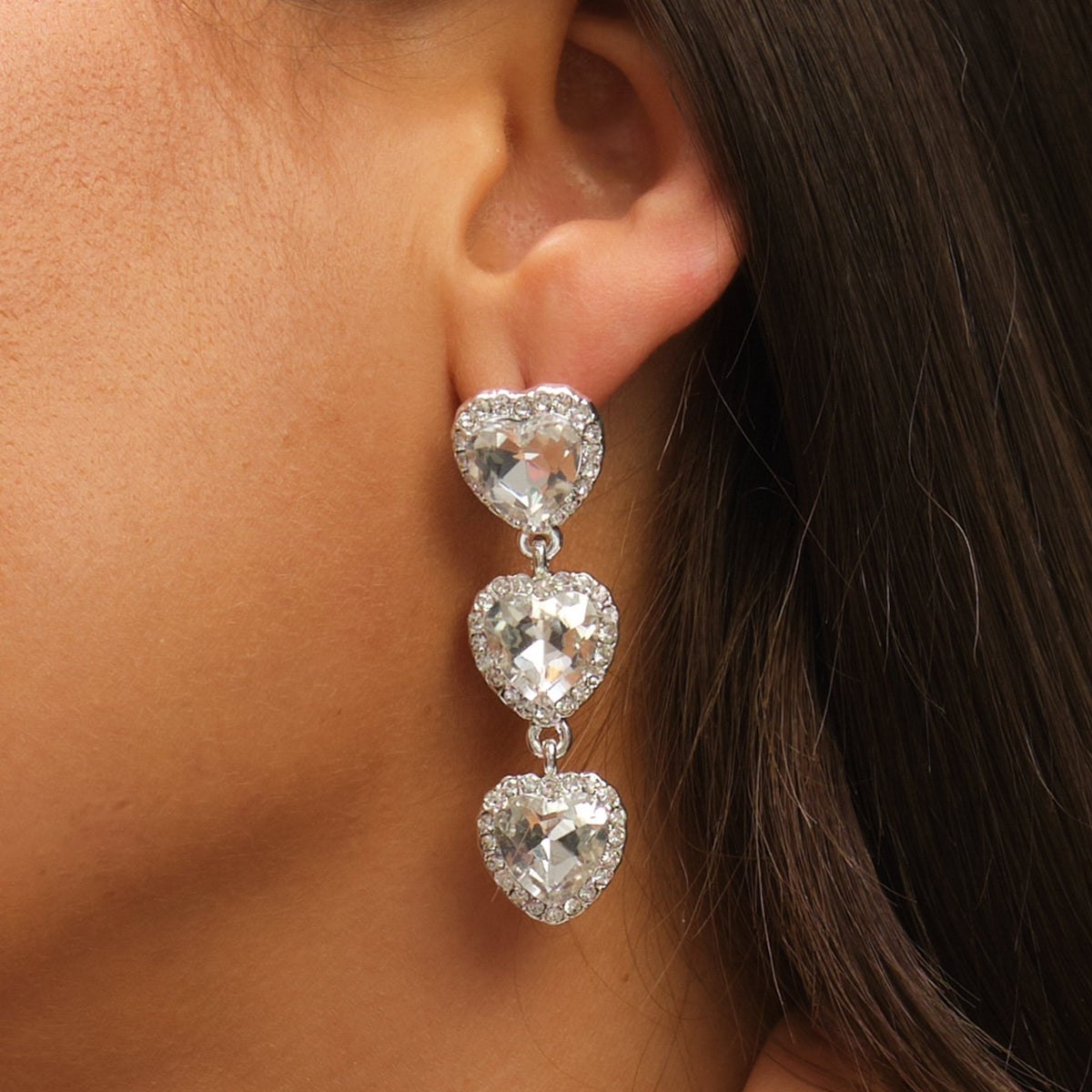 Mood Silver Crystal Heart Triple Drop Statement Earrings