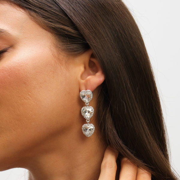 Mood Silver Crystal Heart Triple Drop Statement Earrings