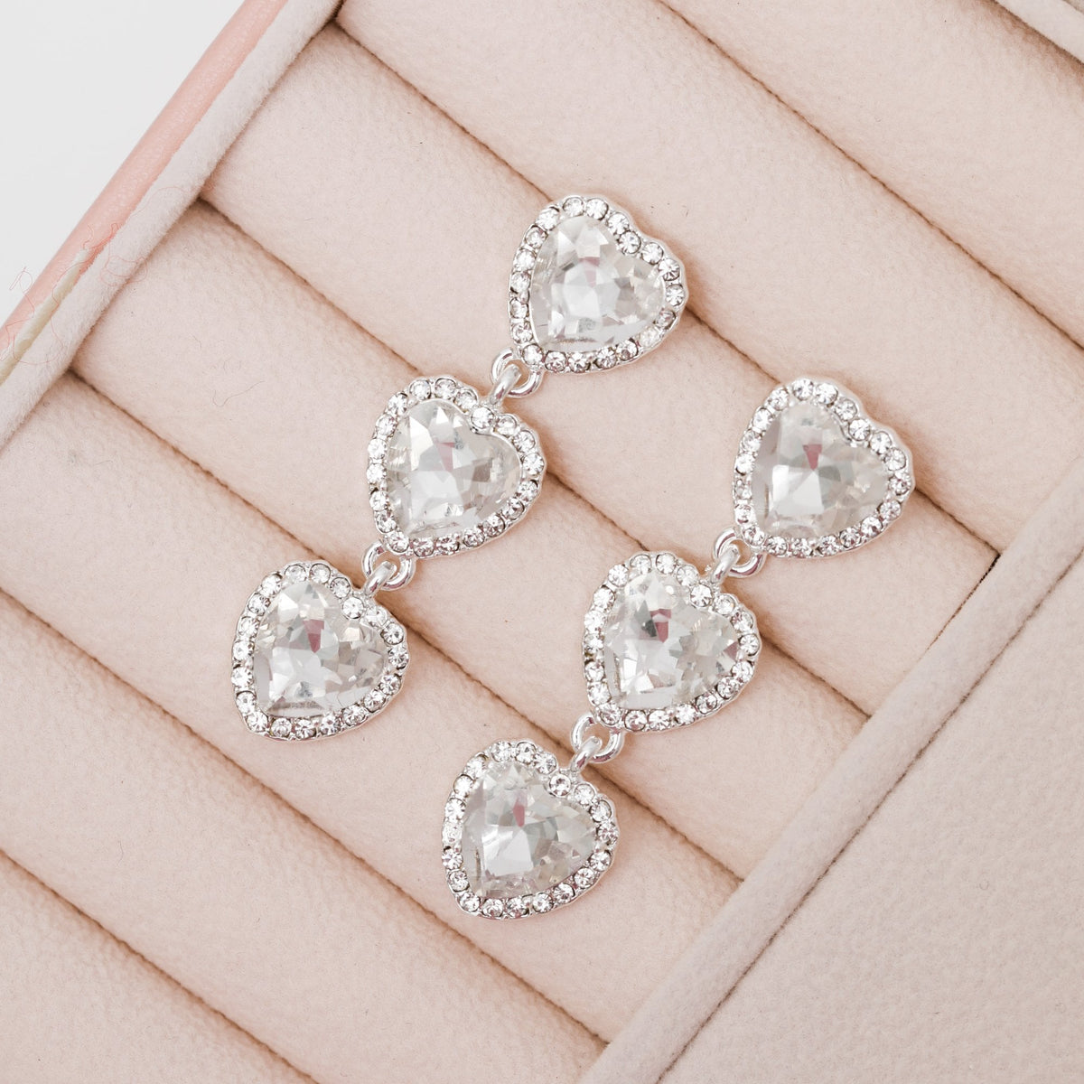 Mood Silver Crystal Heart Triple Drop Statement Earrings