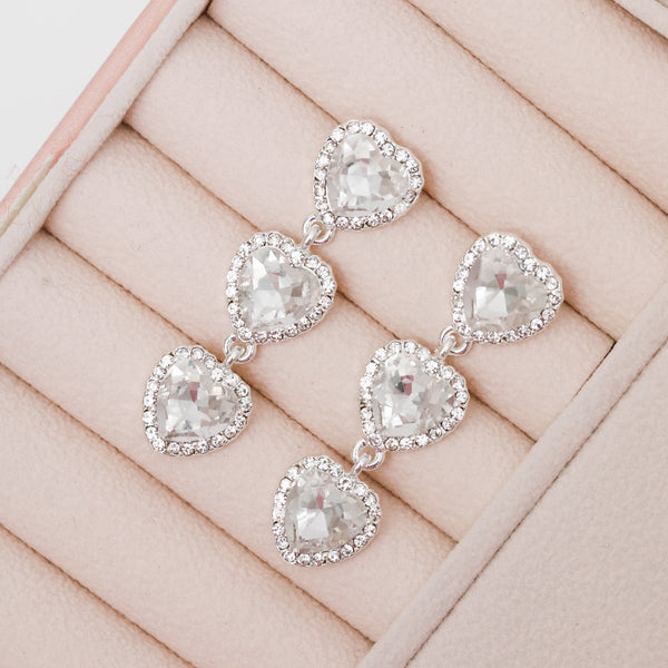 Mood Silver Crystal Heart Triple Drop Statement Earrings