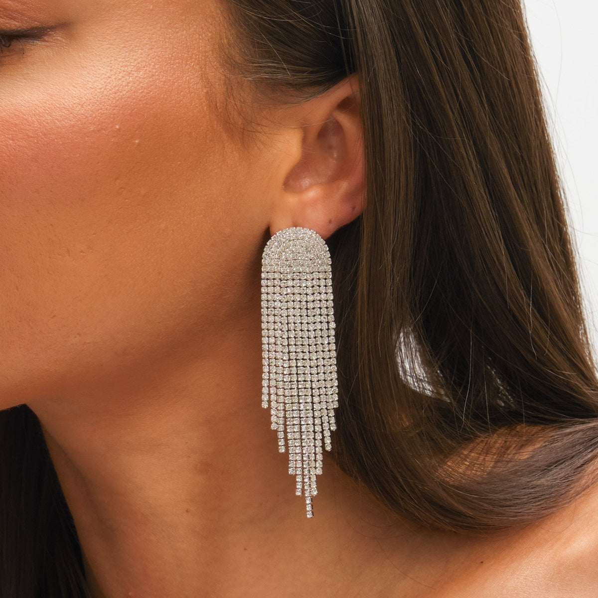 Mood Silver Crystal Tassel Statement Drop Earrings