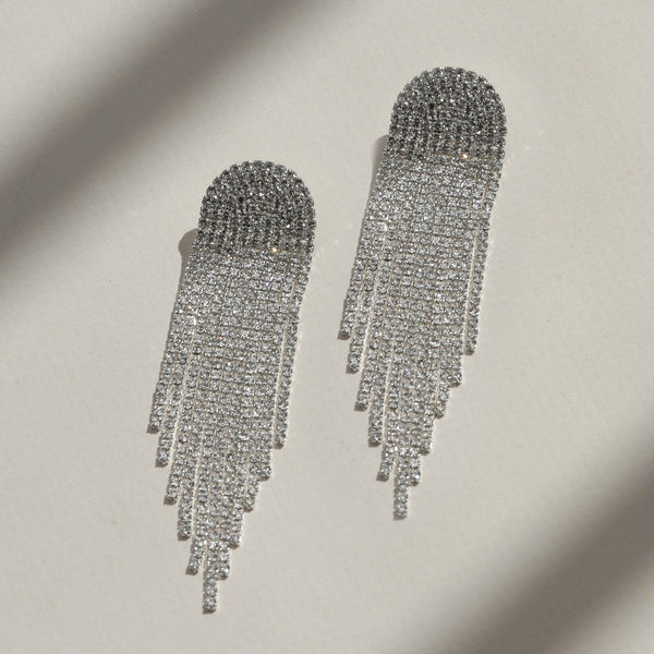 Mood Silver Crystal Tassel Statement Drop Earrings