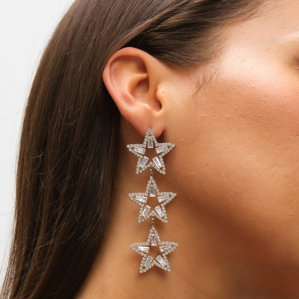 Mood Silver Crystal Triple Star Statement Drop Earrings