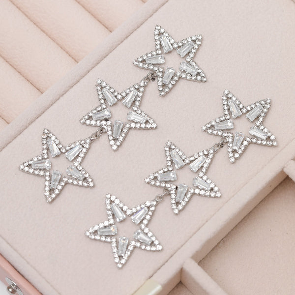 Mood Silver Crystal Triple Star Statement Drop Earrings
