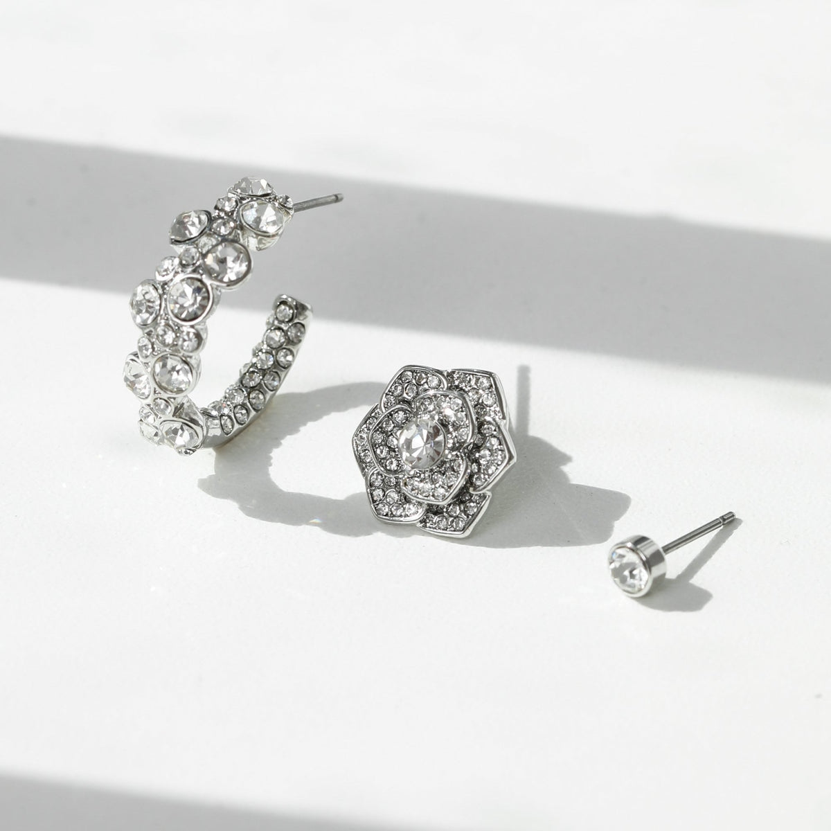 Mood Silver Floral Crystal Stud & Hoop Earrings - Pack of 3