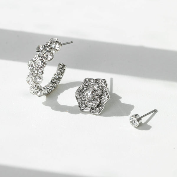 Mood Silver Floral Crystal Stud & Hoop Earrings - Pack of 3