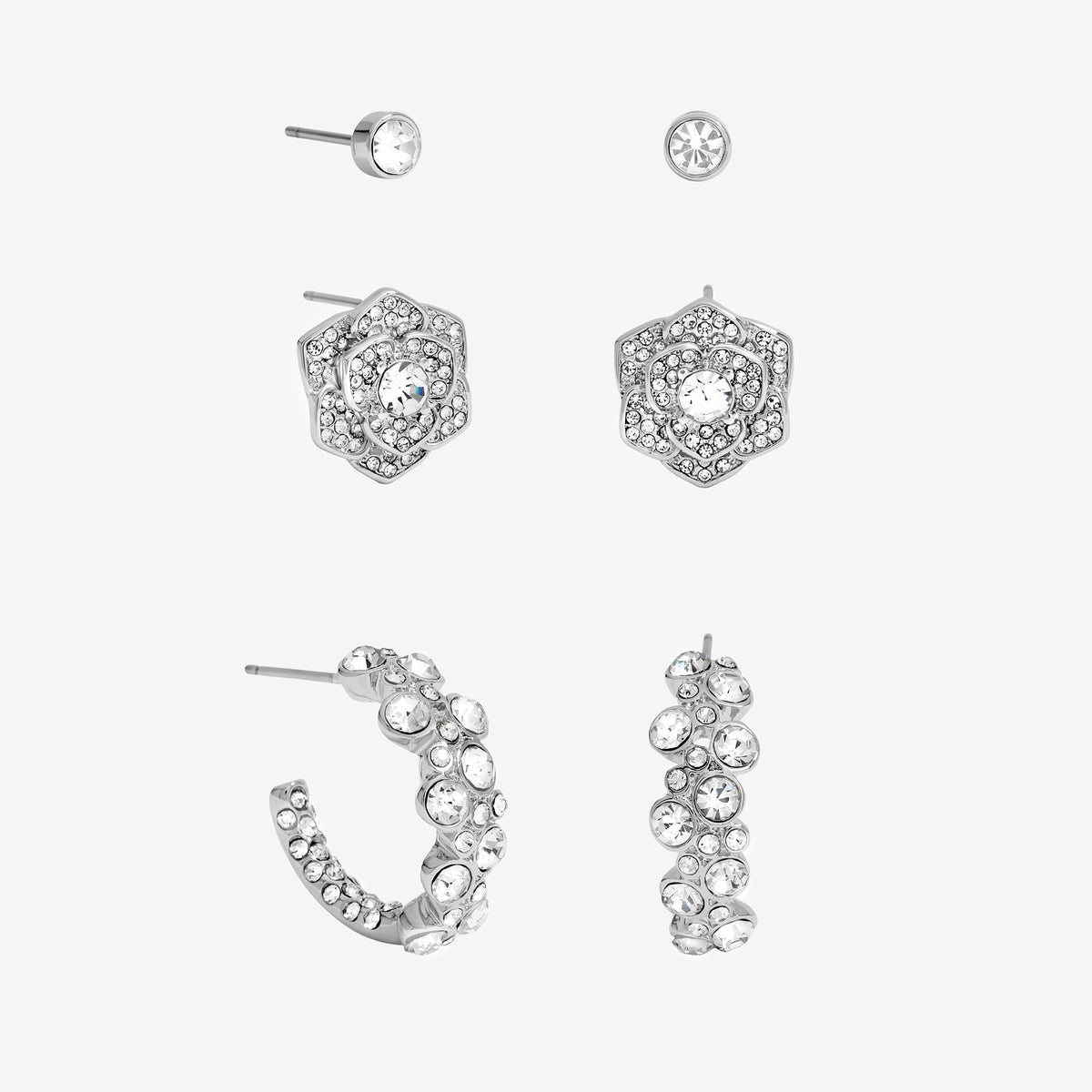 Mood Silver Floral Crystal Stud & Hoop Earrings - Pack of 3