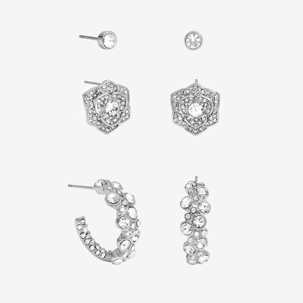 Mood Silver Floral Crystal Stud & Hoop Earrings - Pack of 3