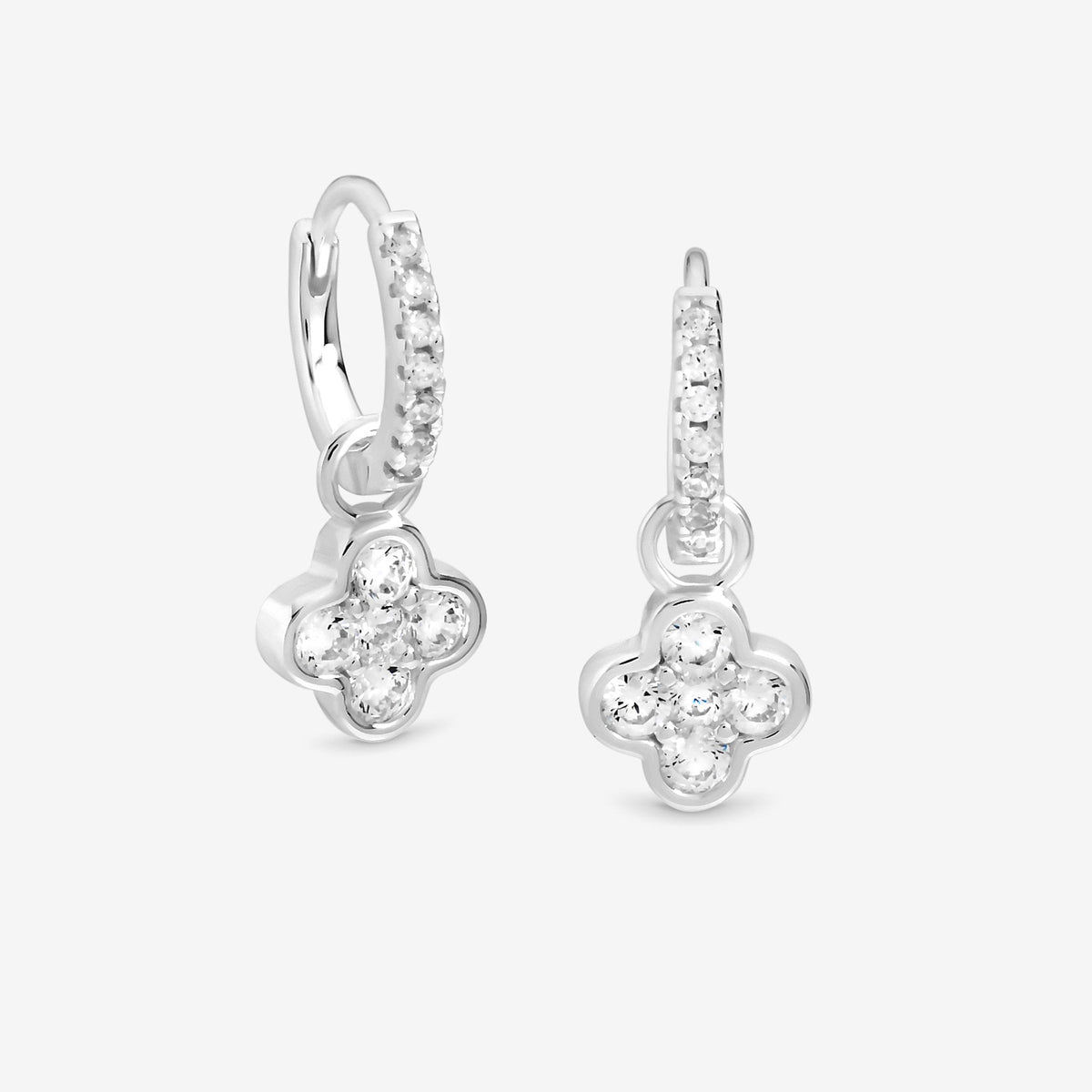 Simply Silver Sterling Silver 925 Polished and Cubic Zirconia Clover Charm Hoop Earrings