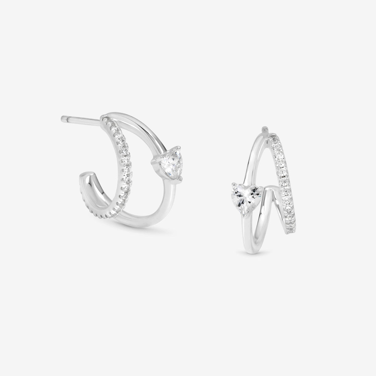Simply Silver Sterling Silver 925 Polished and Pave Double Row Heart Hoop Earrings