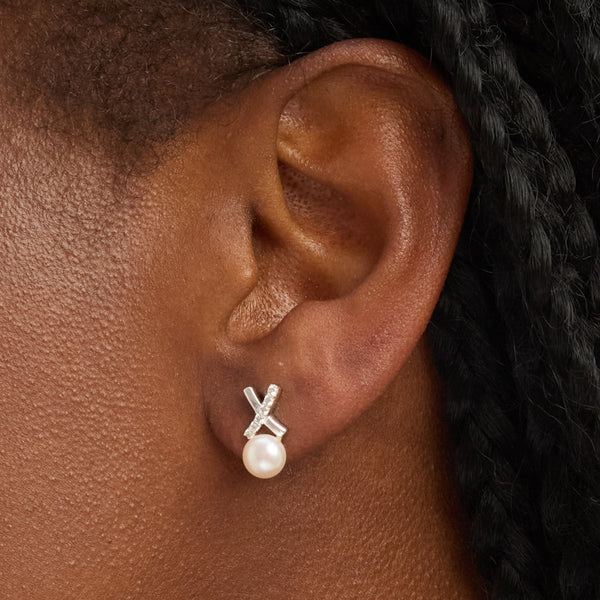 Simply Silver Sterling Silver 925 Polished and Pave Kiss Pearl Stud Earrings
