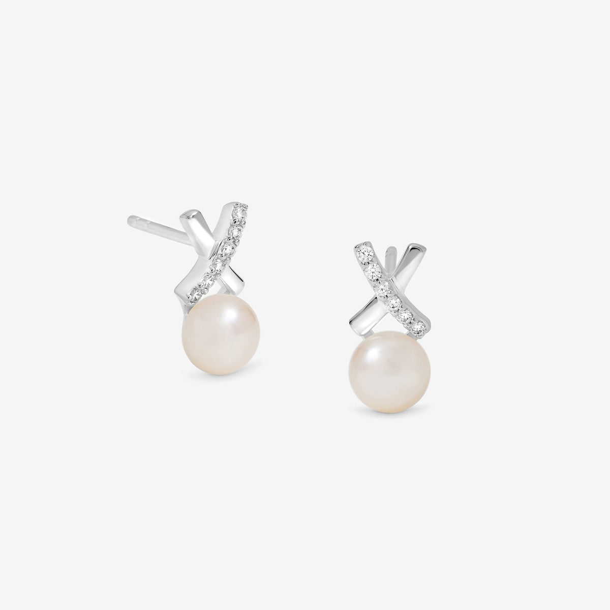 Simply Silver Sterling Silver 925 Polished and Pave Kiss Pearl Stud Earrings