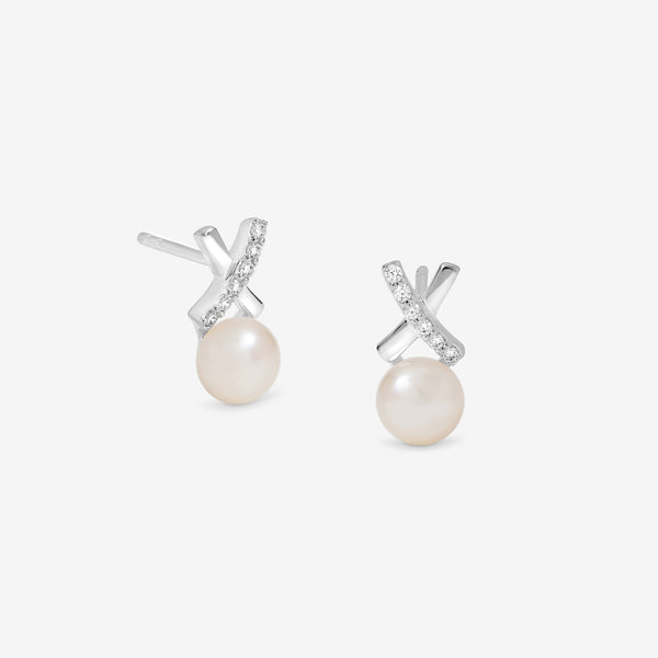 Simply Silver Sterling Silver 925 Polished and Pave Kiss Pearl Stud Earrings