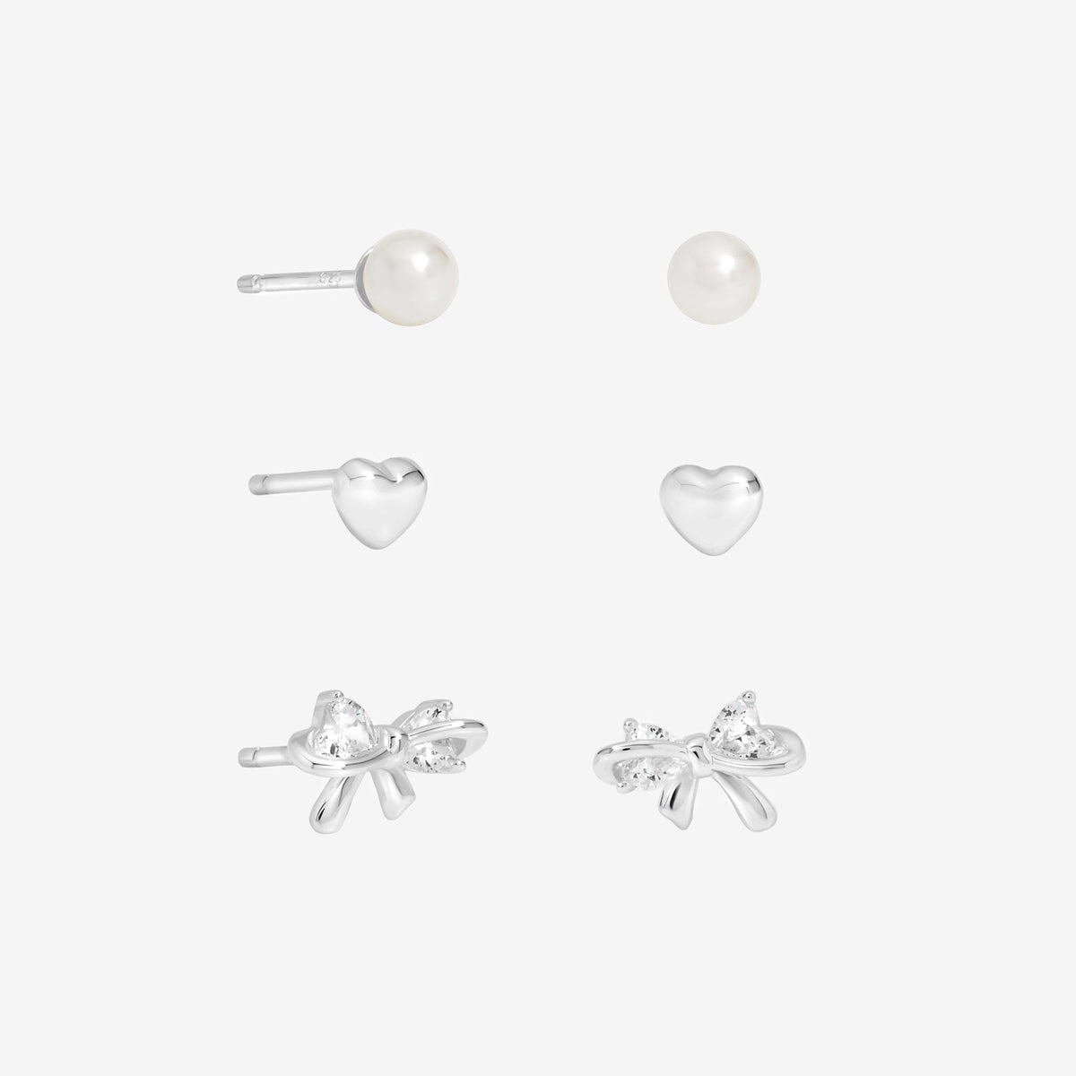 Simply Silver Sterling Silver 925 Polished and Pearl Bow Earrings - Pack of 3