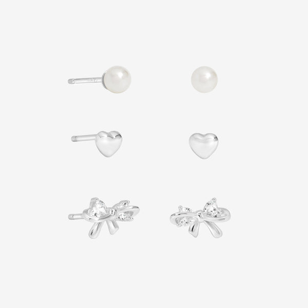 Simply Silver Sterling Silver 925 Polished and Pearl Bow Earrings - Pack of 3