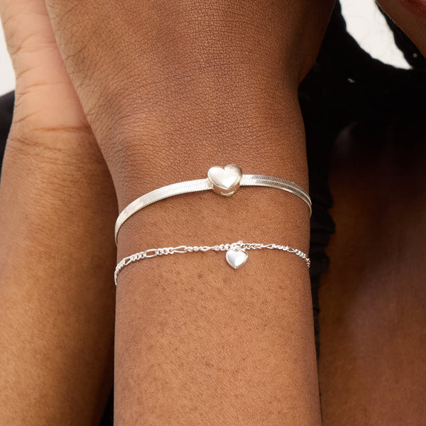 Simply Silver Sterling Silver 925 Polished Fine Figaro Heart Bracelet - Gift Pouch