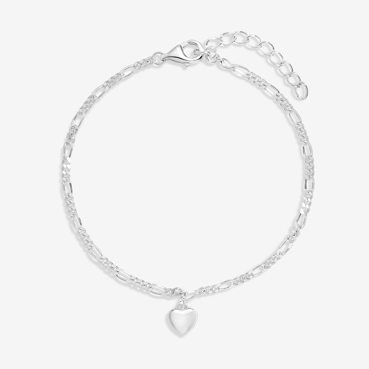 Simply Silver Sterling Silver 925 Polished Fine Figaro Heart Bracelet - Gift Pouch