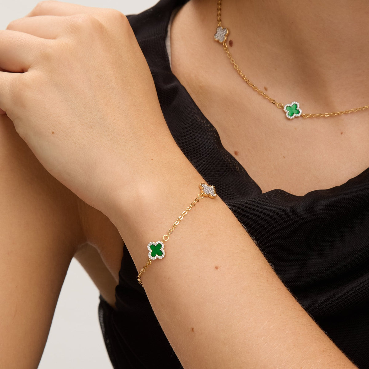 Jon Richard Gold Plated Pave and Malachite Clover Necklace