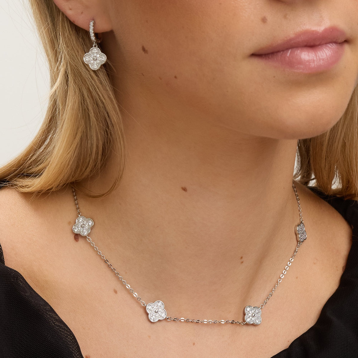 Jon Richard Rhodium Plated and Pave Clover Necklace