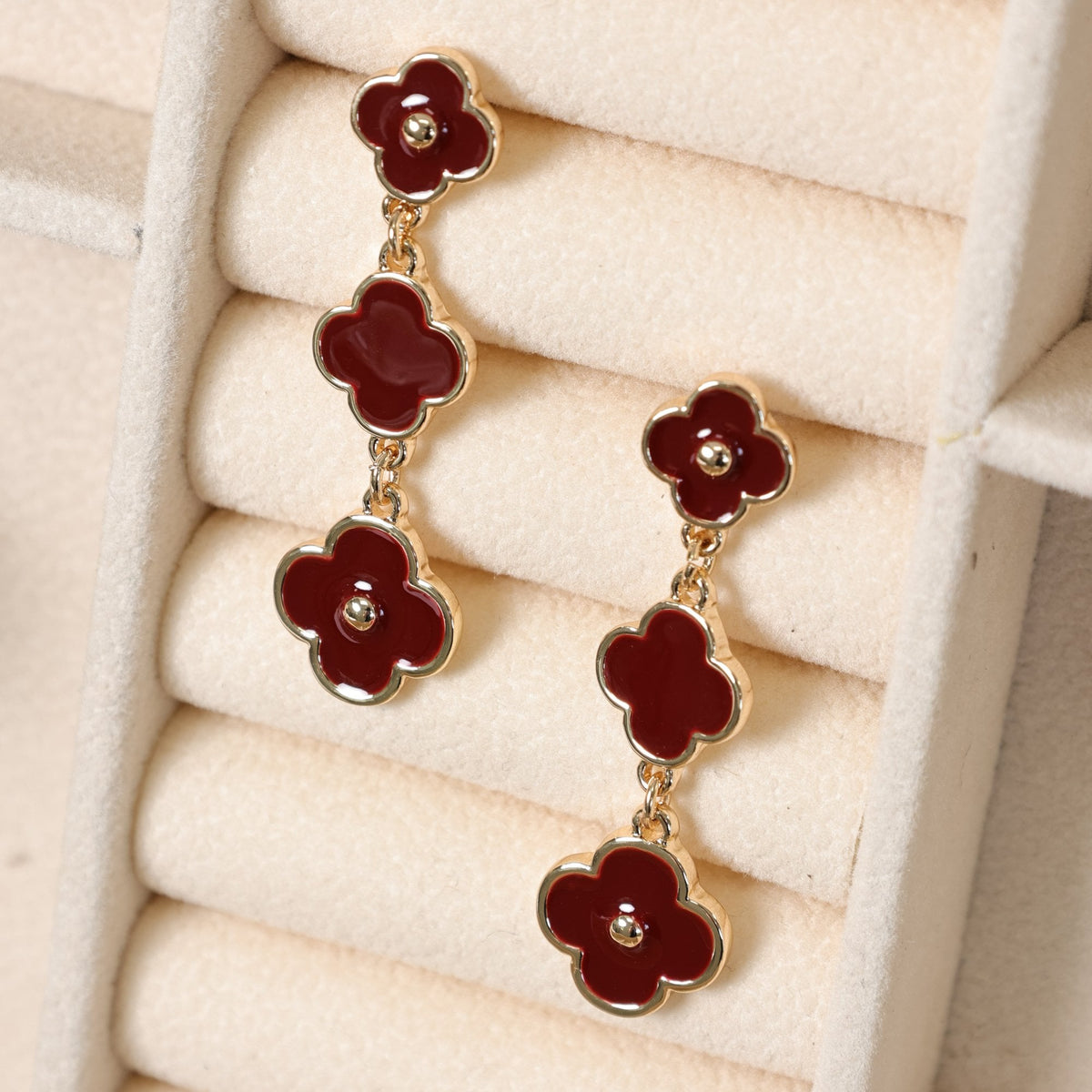 Mood Gold & Burgundy Clover Triple Drop Earrings
