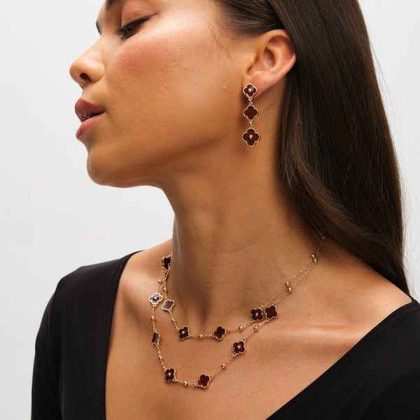 Mood Gold & Burgundy Clover Triple Drop Earrings