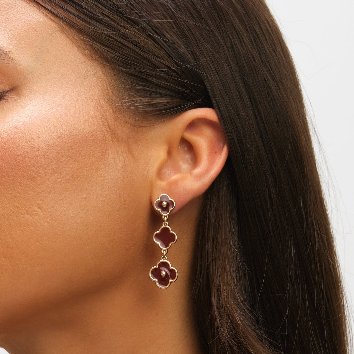 Mood Gold & Burgundy Clover Triple Drop Earrings