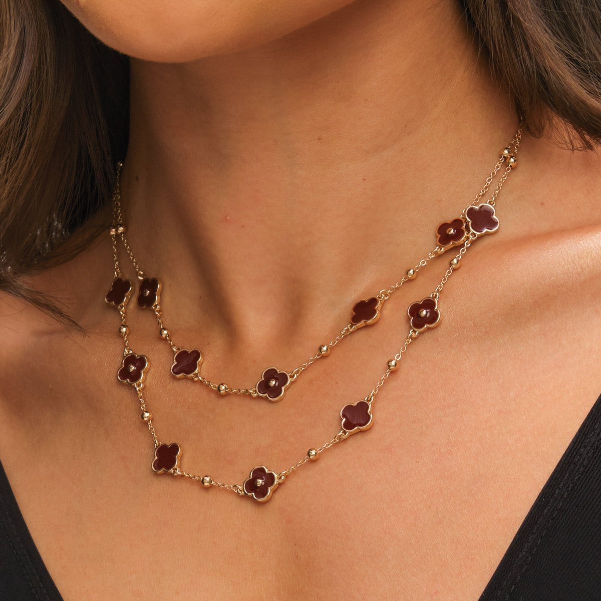 Mood Gold Polished & Burgundy Clover Double Row Necklace