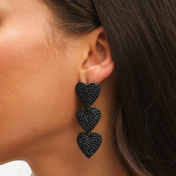 Mood Jet and Crystal Triple Heart Drop Statement Earrings