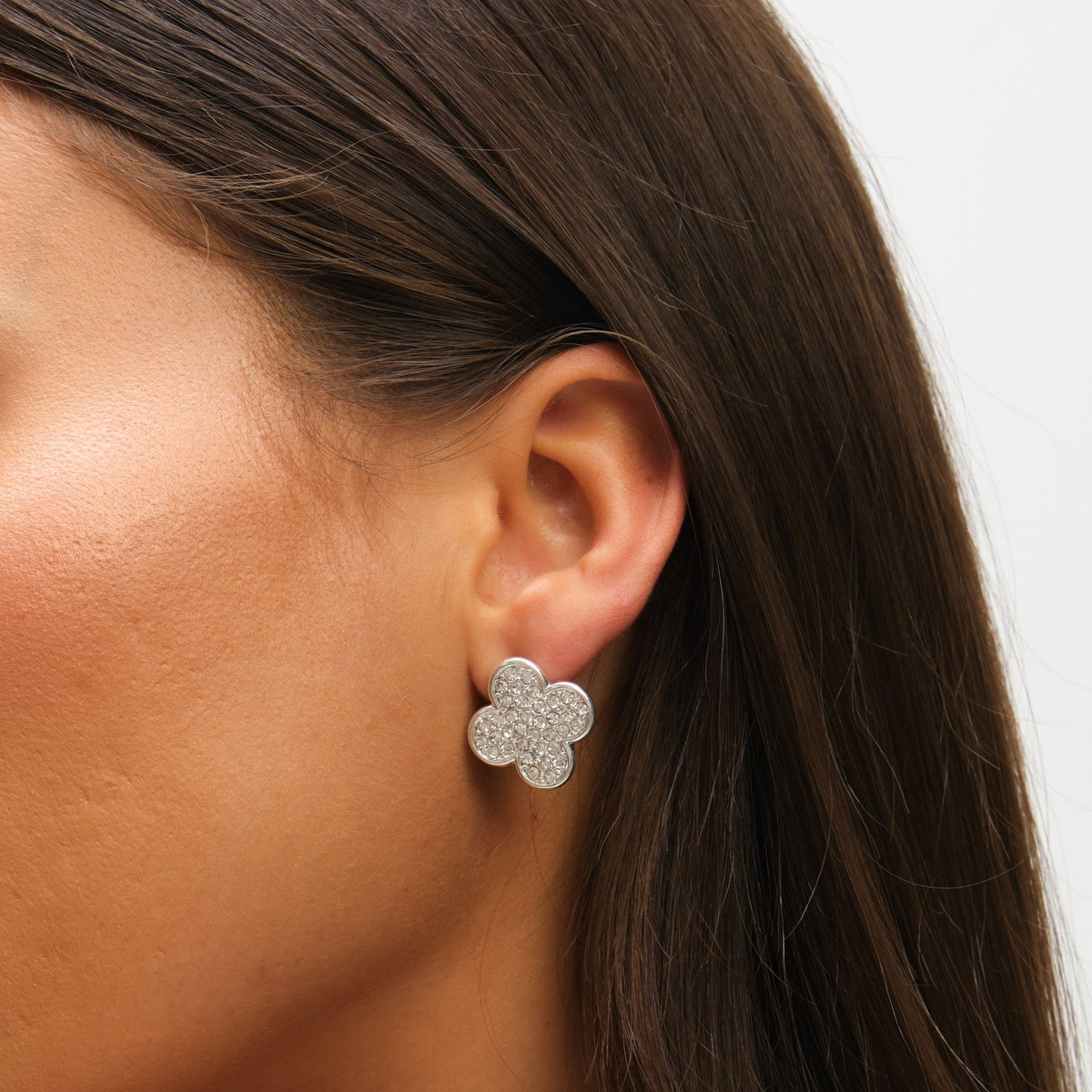 Mood Silver Pave Crystal Statement Clover Stud Earrings