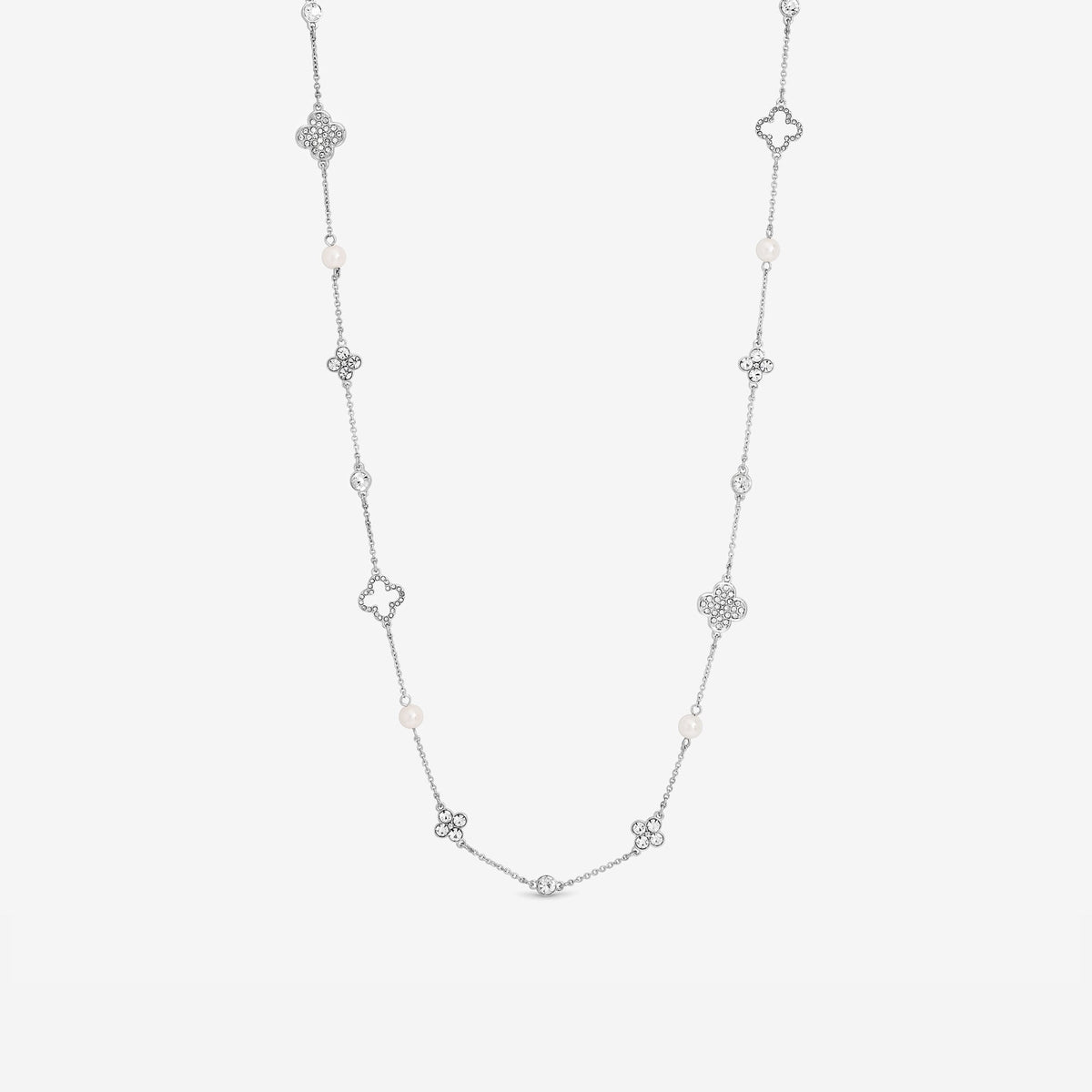 Mood Silver Crystal & Mother of Pearl Clover Station Long Necklace