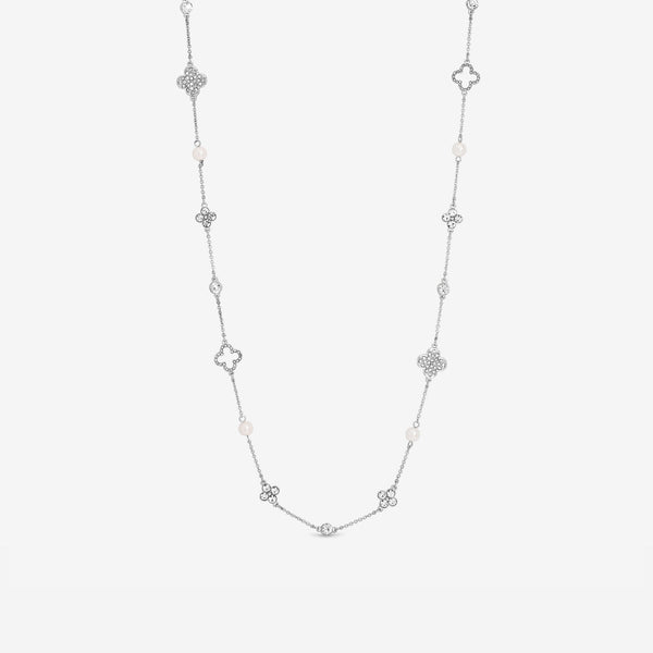 Mood Silver Crystal & Mother of Pearl Clover Station Long Necklace