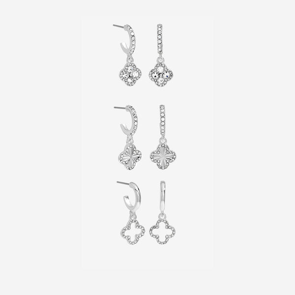 Mood Silver Crystal & Pave Clover Huggie Earrings - Pack of 3