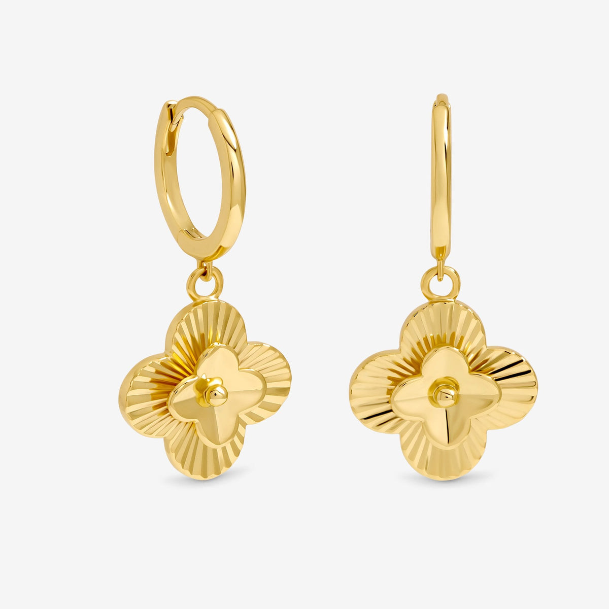 Inicio 14ct Gold Plated Diamond Cut Clover Huggie Earrings - Gift Pouch