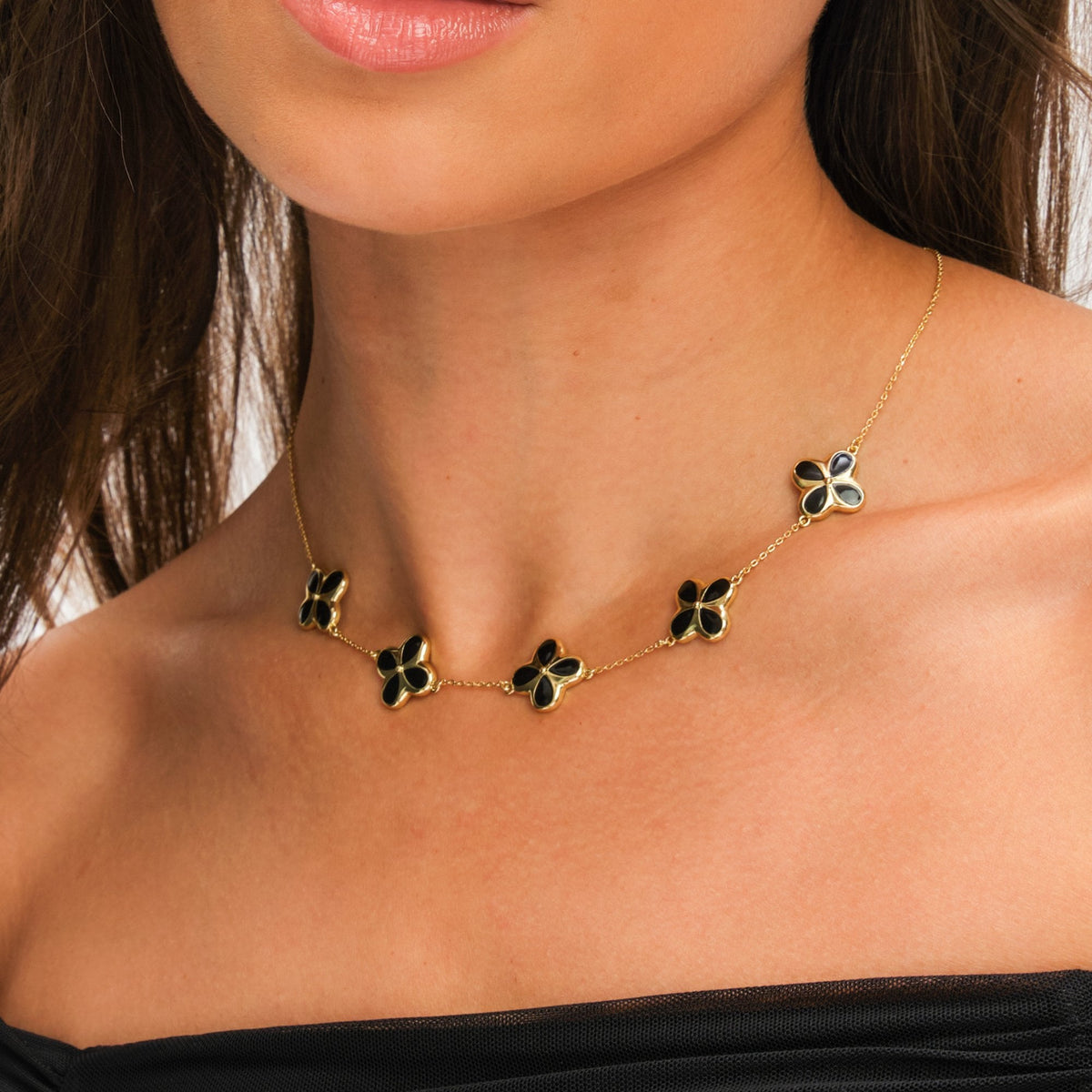 Inicio 14ct Gold Plated and Jet Enamel Clover Necklace - Gift Pouch